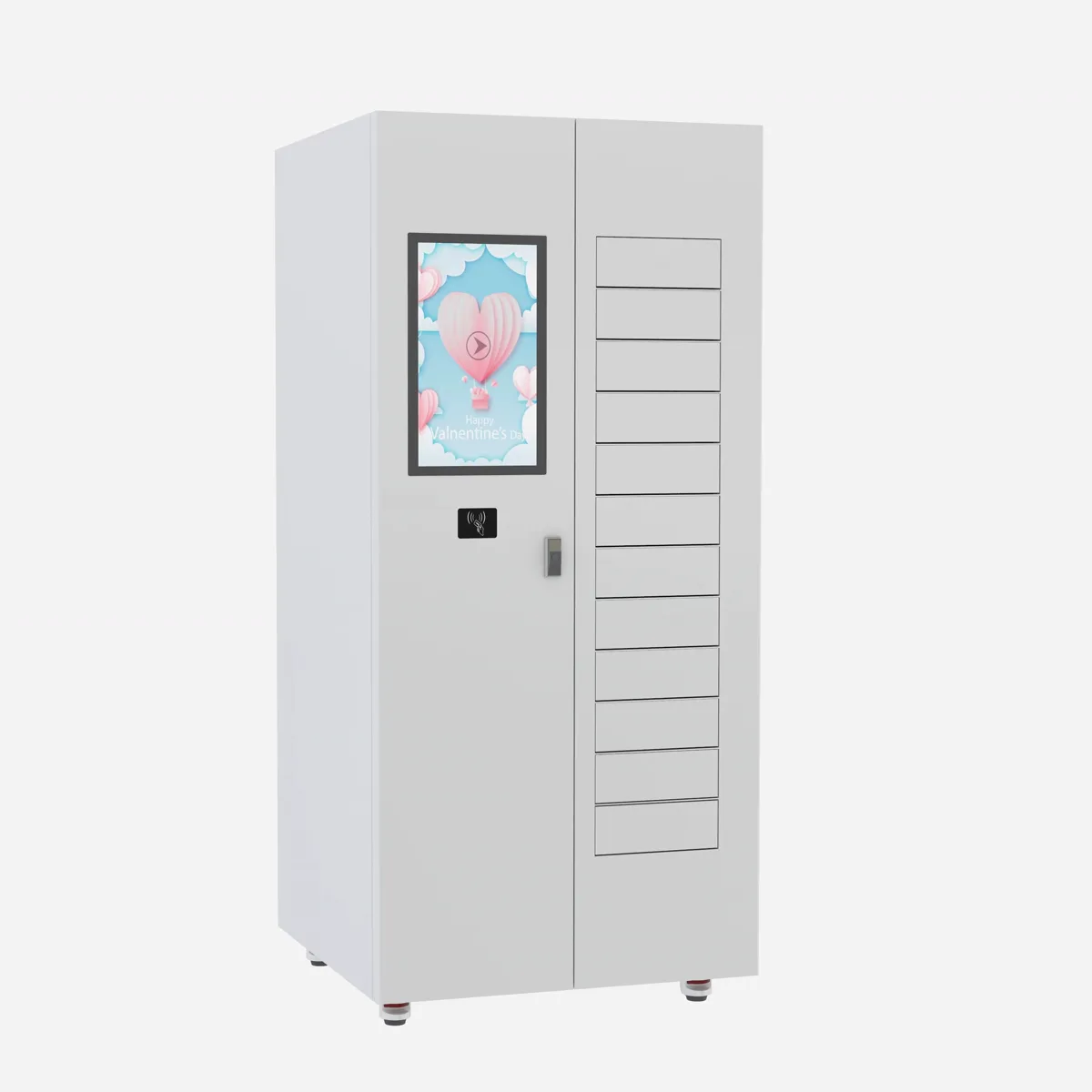 Close view of an industrial vending locker touchscreen, card reader and compartment doors
