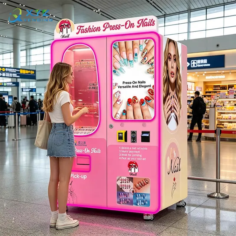 Press-on nail vending machine shown in an airport retail setting